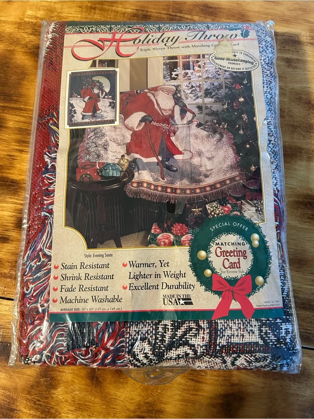 1996 Holiday Throw Blanket by Holiday Throw - Red, White & Green Santa Design
